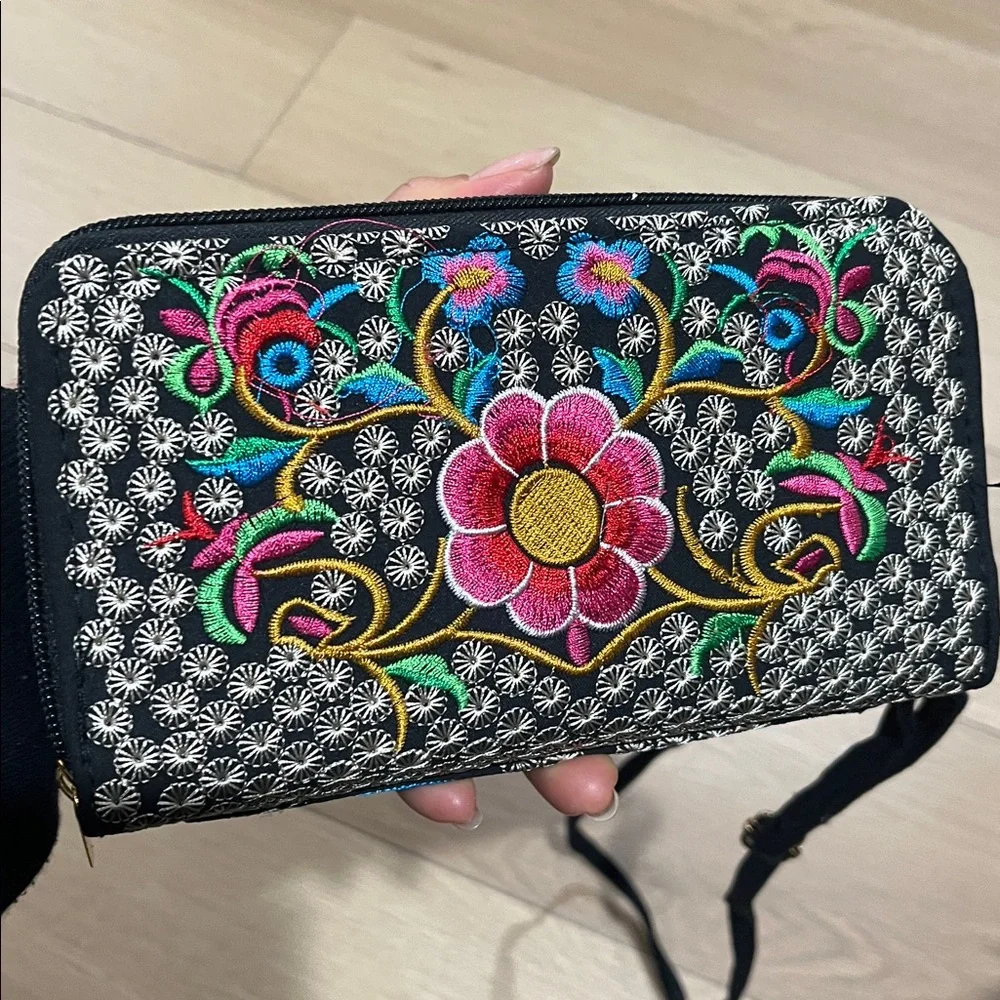 Floral Embroidered Crossbody Bag - Black and Multicolor
